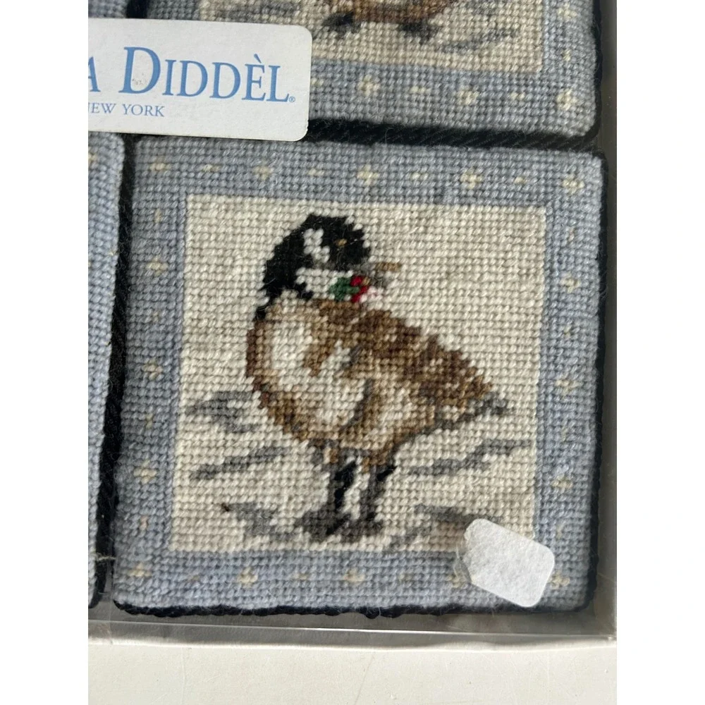VTG Katha Diddel Cottagecore Needlepoint Coasters Set Birds Country Christmas